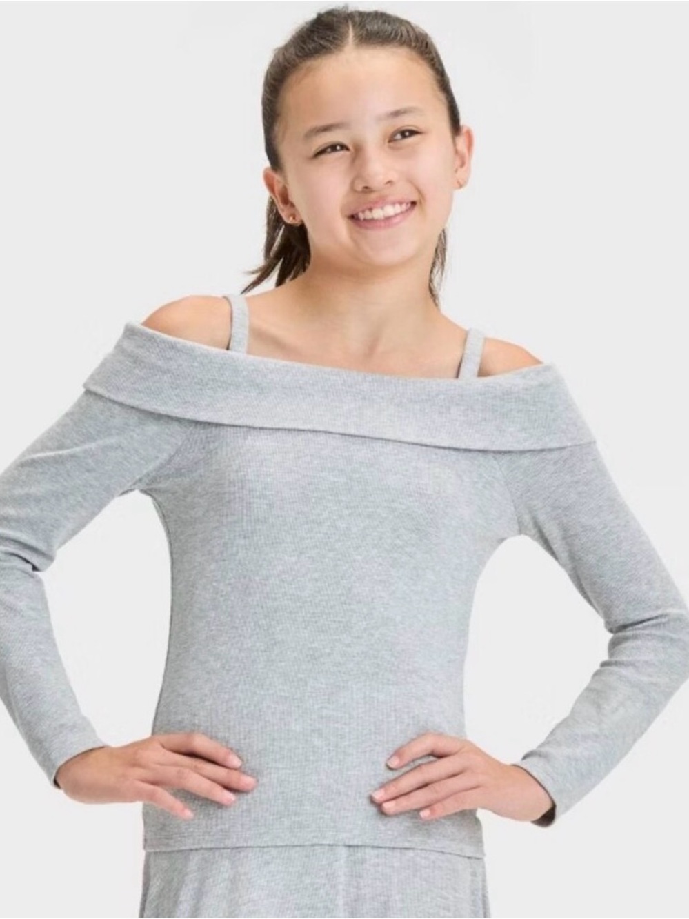 Girls' Long Sleeve Off the Shoulder Ribbed T-Shirt - art class™ Heather Grey